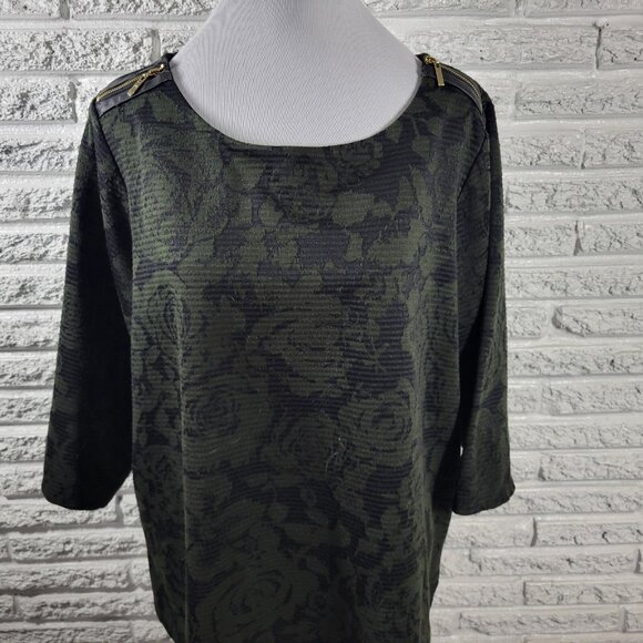 Rafaella Womens Top 2X Plus 3/4 Sleeve Green Roses Zip Shoulder FLO35E - Picture 3 of 9